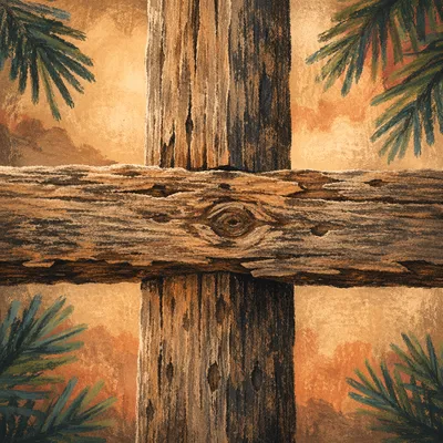 Rugged Wooden Cross with Evergreen Detail