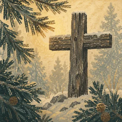 Frosted Evergreen Wooden Cross Close Up