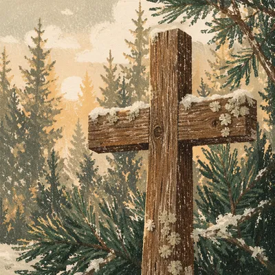 Rugged Wooden Cross Among Winter Evergreens