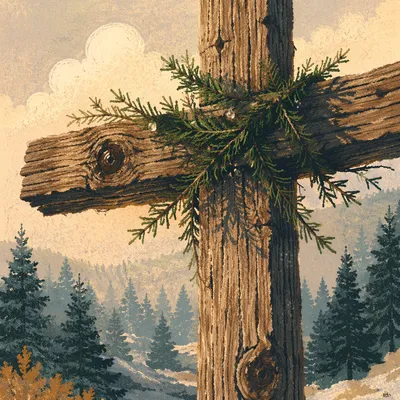 Weathered Wooden Cross with Evergreen Sprigs