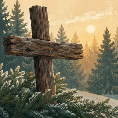 Rugged Wooden Cross Among Frosted Evergreens
