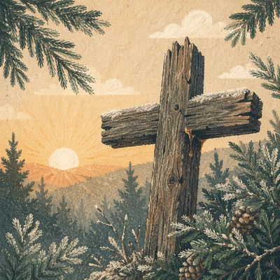 Weathered Wooden Cross Among Frosted Evergreens