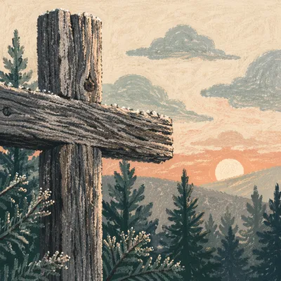 Weathered Cedar Cross in Evergreen Morning