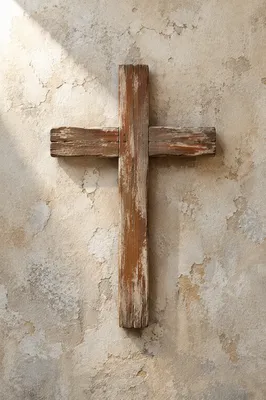 Rugged Wooden Cross on Aged Plaster Wall