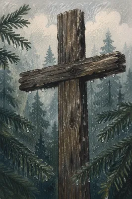 Weathered Cedar Cross in Evergreen Rain
