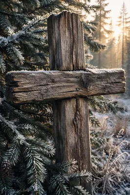 Rugged Wooden Cross in Evergreen Frost