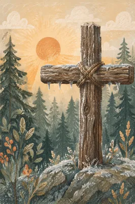Rugged Frosted Wooden Cross in Evergreen Forest