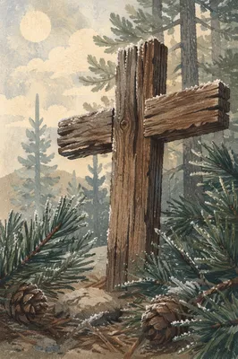 Weathered Wooden Cross Among Evergreen Branches