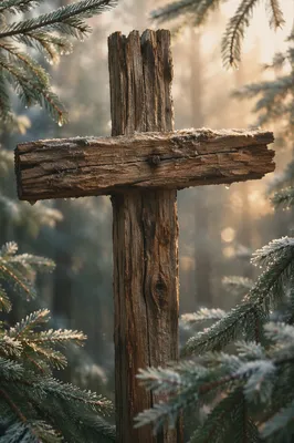 Rugged Wooden Cross in Evergreen Forest