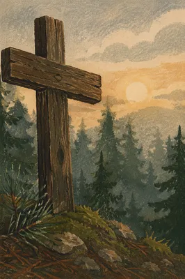 Rugged Wooden Cross in Evergreen Forest