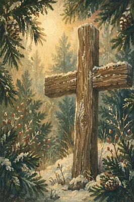 Rugged Wooden Cross in Evergreen Frost