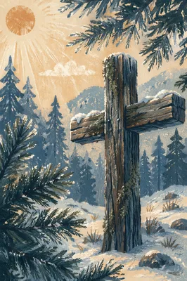 Weathered Wooden Cross in Evergreen Forest