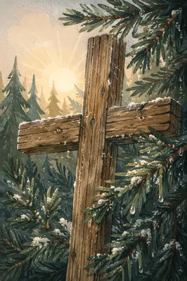 Weathered Wooden Cross Among Evergreens