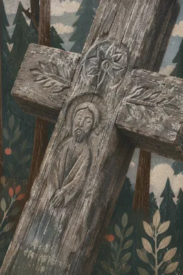 Weathered Wooden Cross in Evergreen Forest