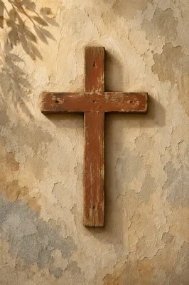 Weathered Wooden Cross on Aged Plaster