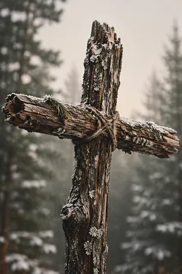 Rugged Wooden Cross in Evergreen Forest