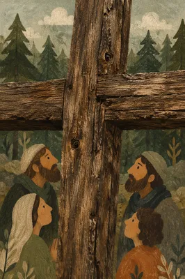 Rugged Wooden Cross with Evergreen Texture