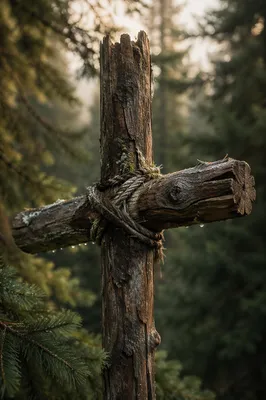 Rugged Wooden Cross in Evergreen Dawn