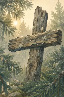 Rugged Wooden Cross in Evergreen Forest