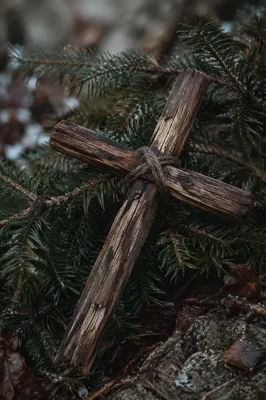 Weathered Wooden Cross Among Evergreen Branches