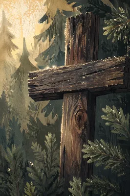 Rugged Wooden Cross Among Evergreens