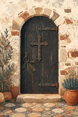 Rugged Iron Cross on Rustic Stone Door