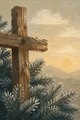 Rugged Wooden Cross Among Frosted Evergreens