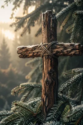 Rugged Wooden Cross in Evergreen Dawn