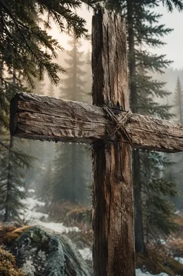 Rugged Wooden Cross in Evergreen Mist