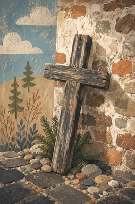 Weathered Wooden Cross by Evergreen Stone Wall