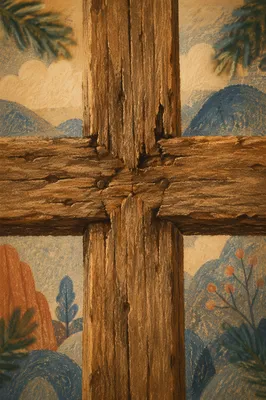 Rugged Wooden Cross with Evergreen Texture