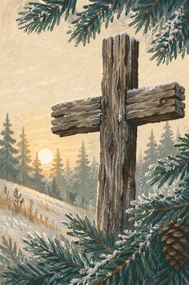 Rugged Wooden Cross Among Evergreen Pines