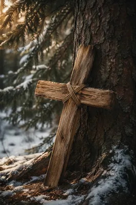 Rugged Wooden Cross in Evergreen Winter