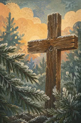 Rugged Wooden Cross in Evergreen Frost
