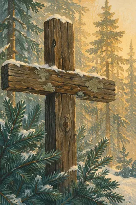 Rugged Wooden Cross in Evergreen Winter Forest