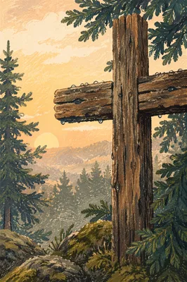 Rugged Wooden Cross in Evergreen Forest