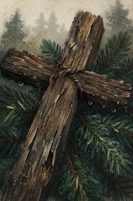 Rugged Wooden Cross Among Evergreen Boughs