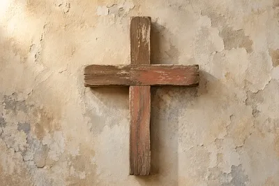 Rugged Wooden Cross on Aged Plaster Wall