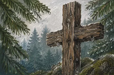 Weathered Cedar Cross Among Evergreens
