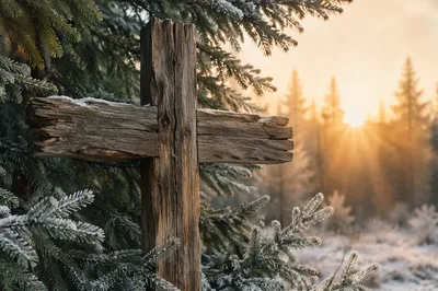 Rugged Wooden Cross Among Evergreens