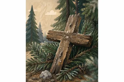 Rugged Wooden Cross Among Evergreen Branches