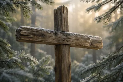Rugged Wooden Cross in Evergreen Forest