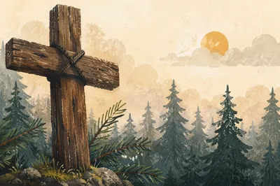 Rugged Wooden Cross in Evergreen Dawn