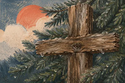 Rugged Wooden Cross in Evergreen Rain