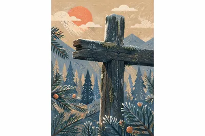 Rugged Wooden Cross in Evergreen Forest