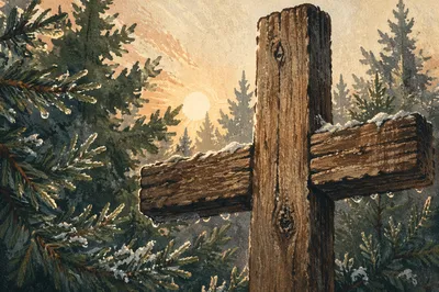 Rugged Wooden Cross Among Evergreen Branches