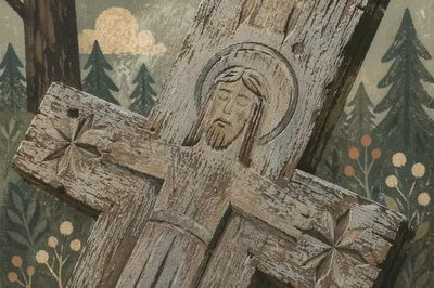 Weathered Wooden Cross in Evergreen Woodland