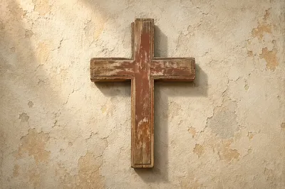 Weathered Wooden Cross on Aged Plaster