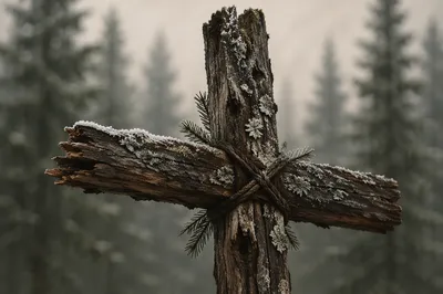 Rugged Wooden Cross in Evergreen Winter