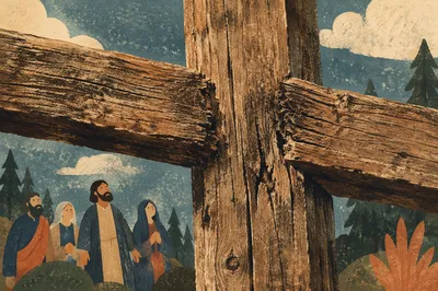 Rugged Wooden Cross in Evergreen Forest